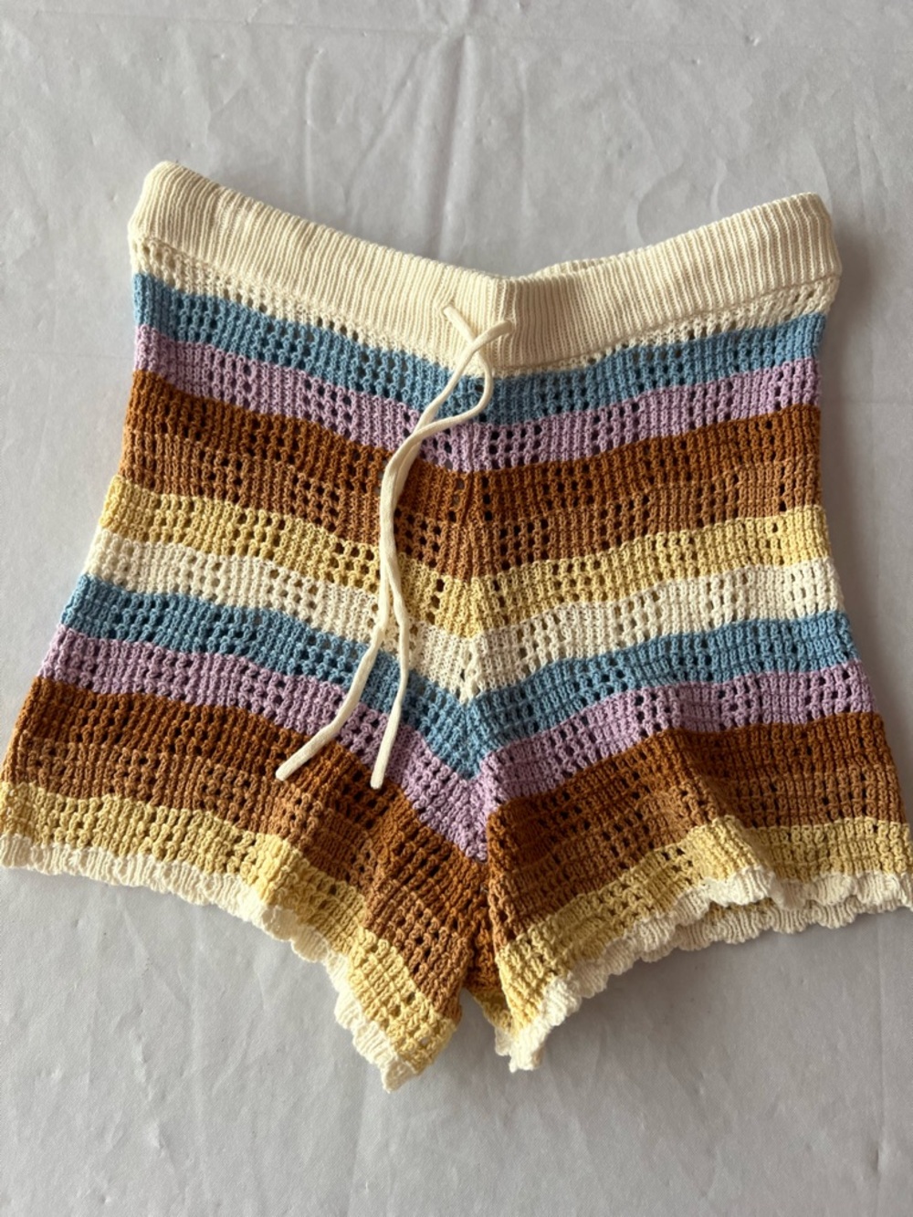 l*space Striped Crochet Athletic Shorts in Cream, Blue, Lavender & Brown
